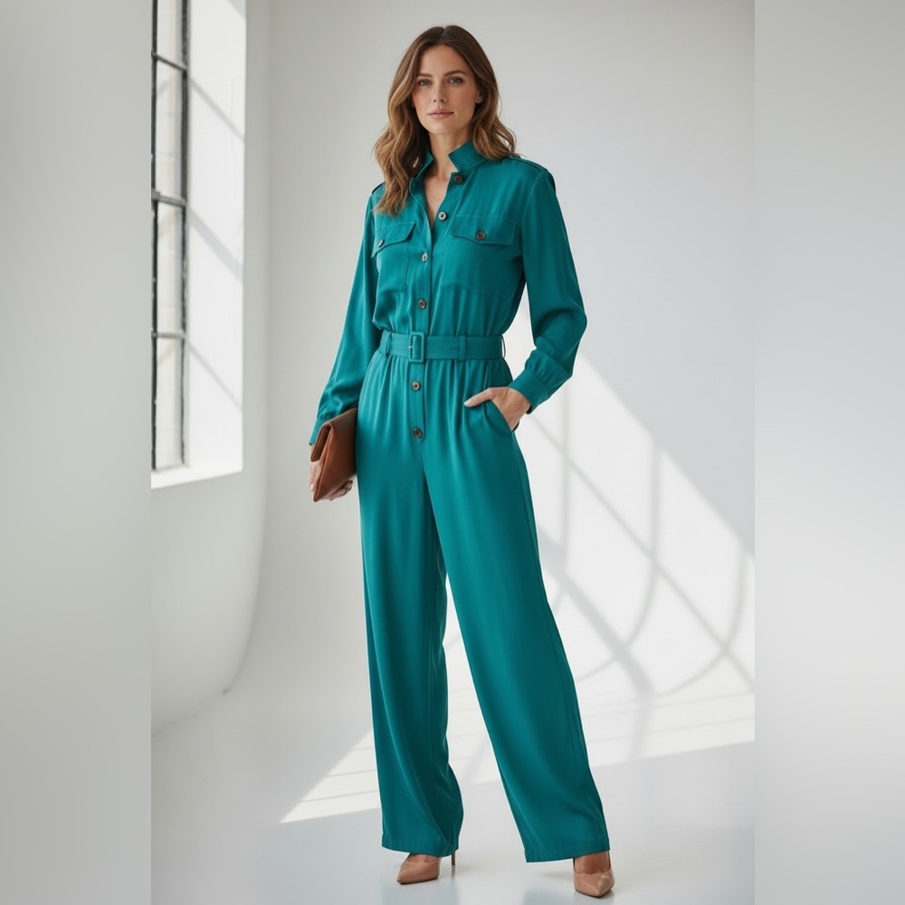 80’s Teal Jumpsuit Belted Frances Henaghan Casual Dressy  Romper Long-Sleeve